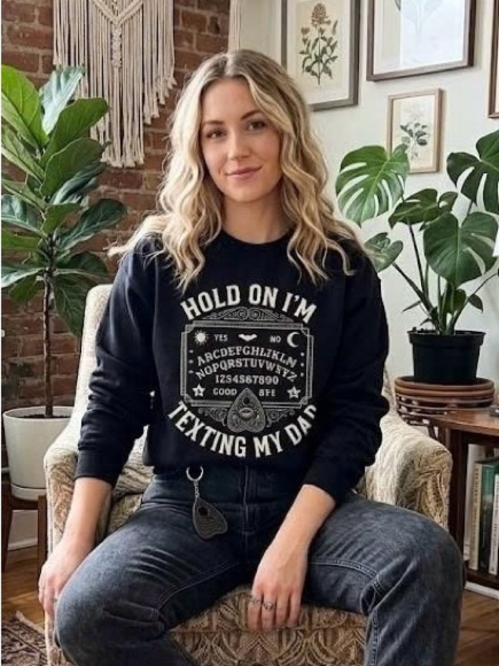 Ouija Board Hold On I'm Texting My Dad Black Crewneck Sweatshirt
